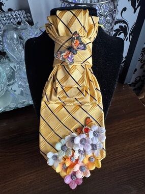Yellow Striped Necktie with Floral & Butterfly Embellishments